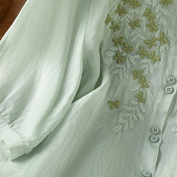 Buddha Stones Leaf Embroidery Cotton Buttons Half Sleeve Women's Shirt - image 8