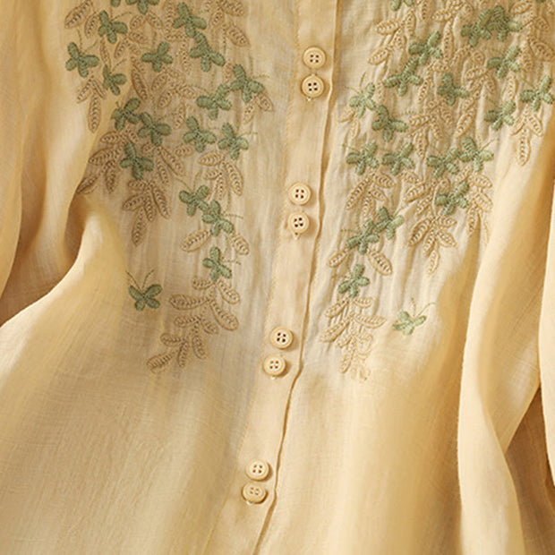 Buddha Stones Leaf Embroidery Cotton Buttons Half Sleeve Women's Shirt - image 19