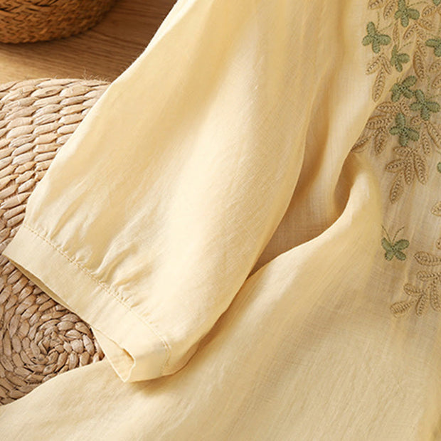 Buddha Stones Leaf Embroidery Cotton Buttons Half Sleeve Women's Shirt - image 17