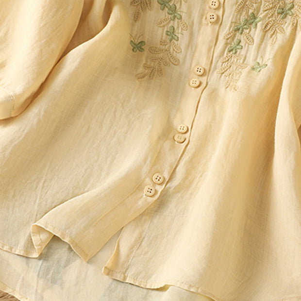 Buddha Stones Leaf Embroidery Cotton Buttons Half Sleeve Women's Shirt - image 20