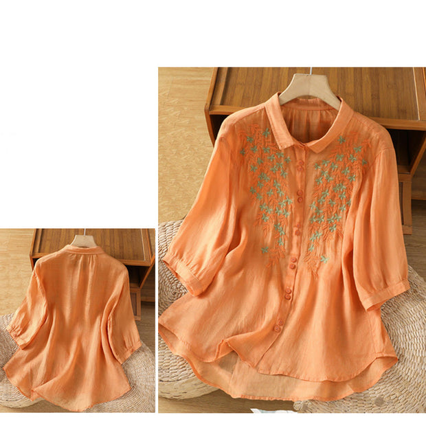 Buddha Stones Leaf Embroidery Cotton Buttons Half Sleeve Women's Shirt - image 33