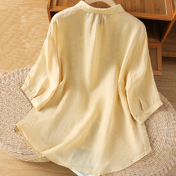 Buddha Stones Leaf Embroidery Cotton Buttons Half Sleeve Women's Shirt - image 13