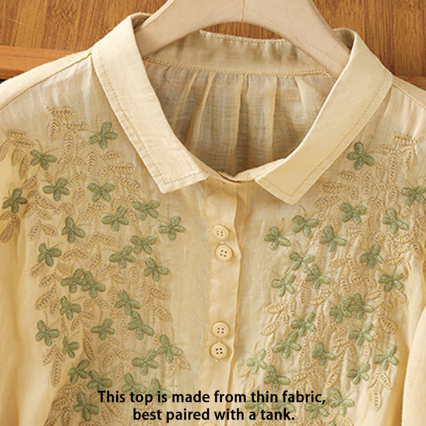 Buddha Stones Leaf Embroidery Cotton Buttons Half Sleeve Women's Shirt - image 14