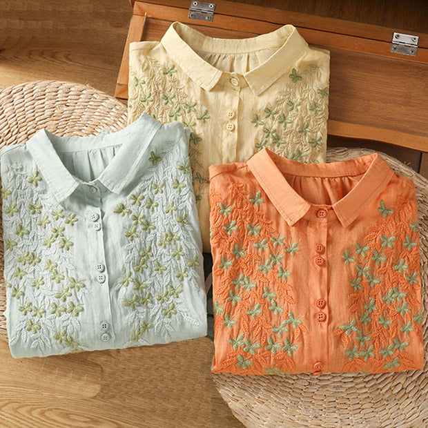 Buddha Stones Leaf Embroidery Cotton Buttons Half Sleeve Women's Shirt - image 34