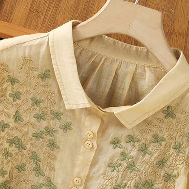 Buddha Stones Leaf Embroidery Cotton Buttons Half Sleeve Women's Shirt - image 18