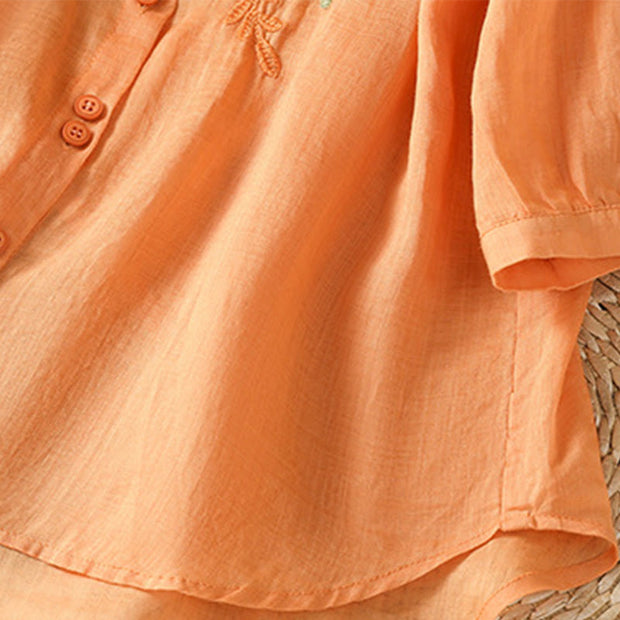Buddha Stones Leaf Embroidery Cotton Buttons Half Sleeve Women's Shirt - image 32