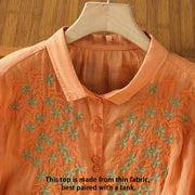 Buddha Stones Leaf Embroidery Cotton Buttons Half Sleeve Women's Shirt - image 25
