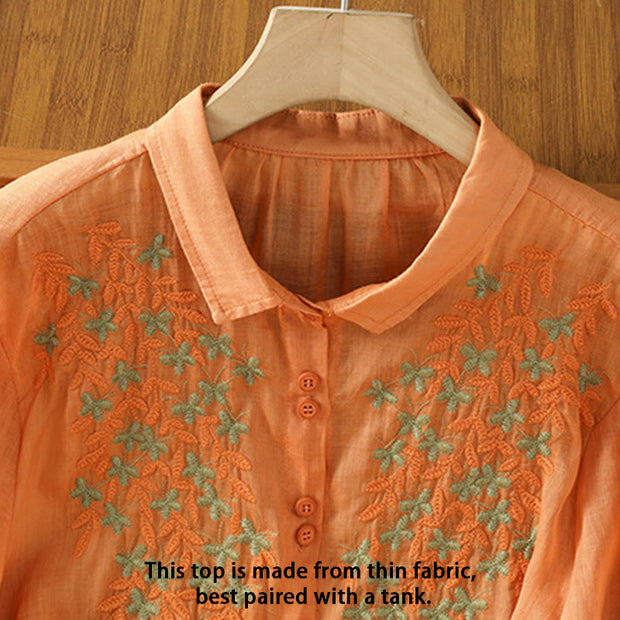 Buddha Stones Leaf Embroidery Cotton Buttons Half Sleeve Women's Shirt - image 25