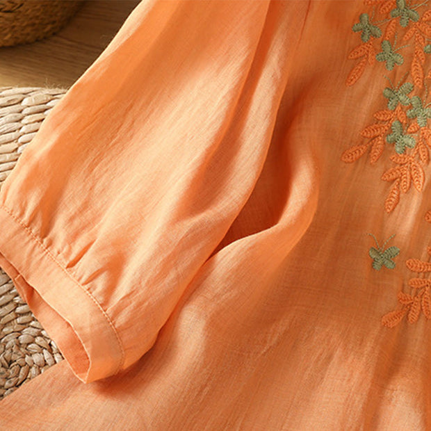 Buddha Stones Leaf Embroidery Cotton Buttons Half Sleeve Women's Shirt - image 27
