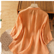 Buddha Stones Leaf Embroidery Cotton Buttons Half Sleeve Women's Shirt - image 24
