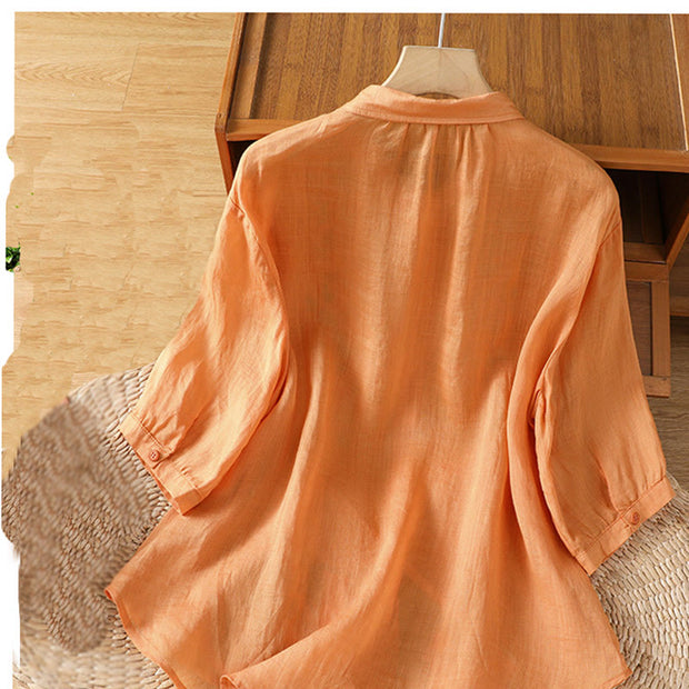 Buddha Stones Leaf Embroidery Cotton Buttons Half Sleeve Women's Shirt - image 24