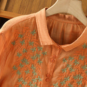 Buddha Stones Leaf Embroidery Cotton Buttons Half Sleeve Women's Shirt - image 29