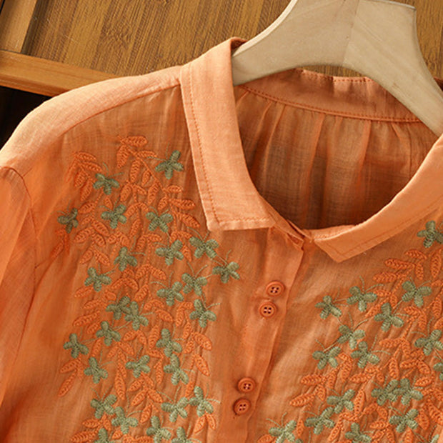Buddha Stones Leaf Embroidery Cotton Buttons Half Sleeve Women's Shirt - image 29