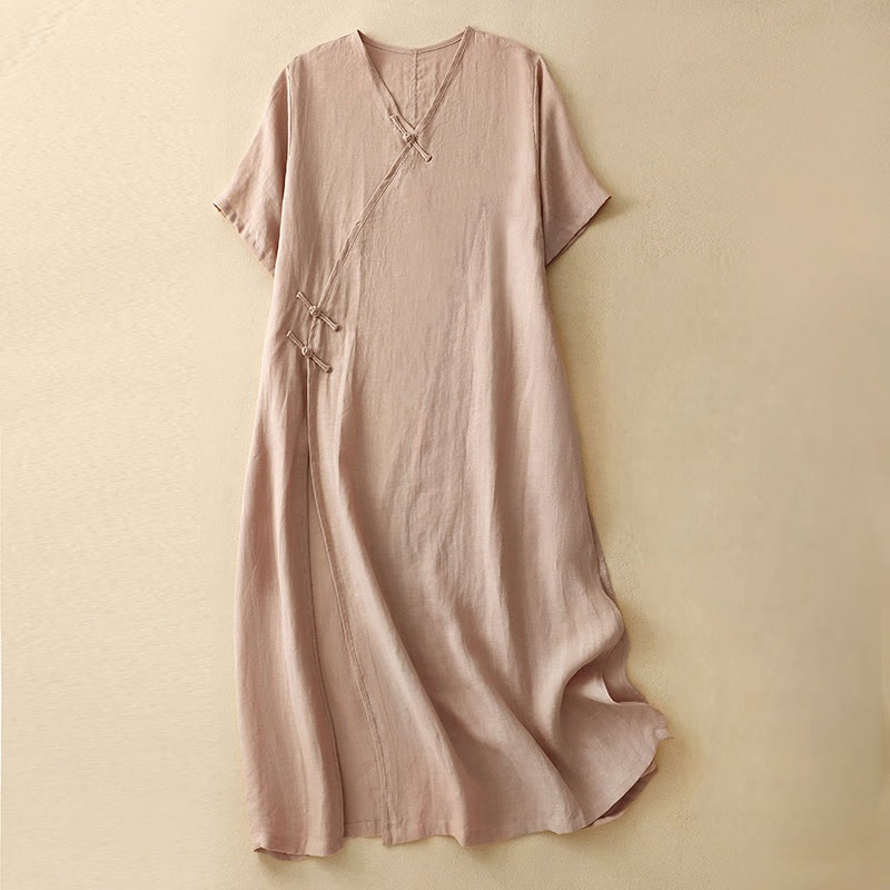 Buddha Stones Summer V-Neck Frog-Button Short Sleeve Cotton Linen Women's Midi Dress, MistyRose / US6,UK/AU10,EU38 (XL)