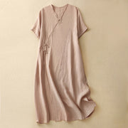 Buddha Stones Summer V-Neck Frog-Button Short Sleeve Cotton Linen Midi Dress - MistyRose - US8-10，UK/AU12-14，EU40-42 (2XL) - image 1