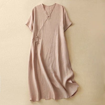Buddha Stones Summer V-Neck Frog-Button Short Sleeve Cotton Linen Midi Dress - MistyRose - US8-10，UK/AU12-14，EU40-42 (2XL) - image 1