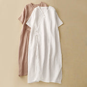 Buddha Stones Summer V-Neck Frog-Button Short Sleeve Cotton Linen Midi Dress - image 13