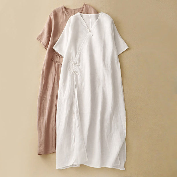 Buddha Stones Summer V-Neck Frog-Button Short Sleeve Cotton Linen Midi Dress - image 13