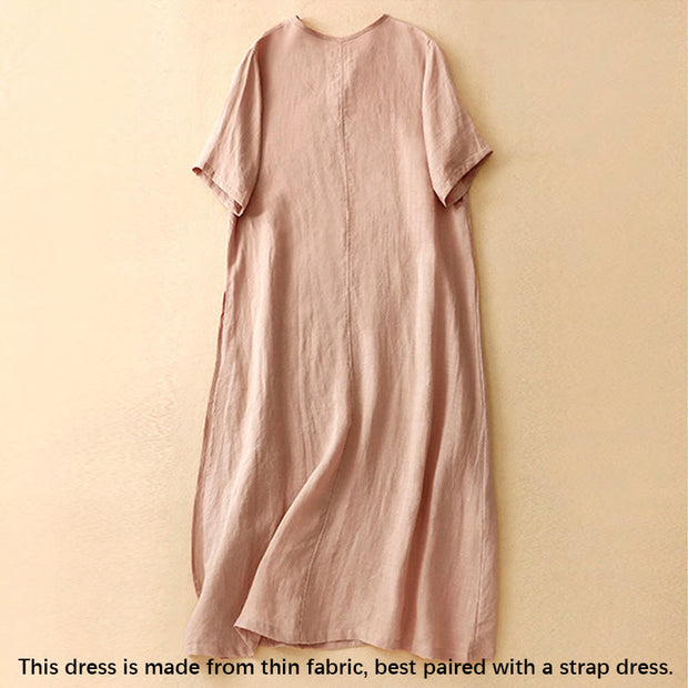 Buddha Stones Summer V-Neck Frog-Button Short Sleeve Cotton Linen Midi Dress - image 2