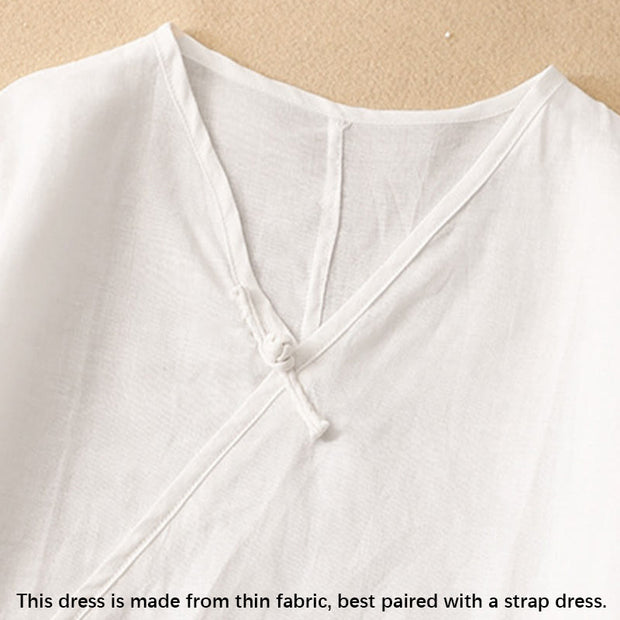 Buddha Stones Summer V-Neck Frog-Button Short Sleeve Cotton Linen Midi Dress - image 14