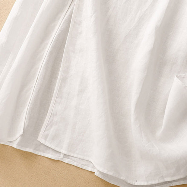 Buddha Stones Summer V-Neck Frog-Button Short Sleeve Cotton Linen Midi Dress - image 18