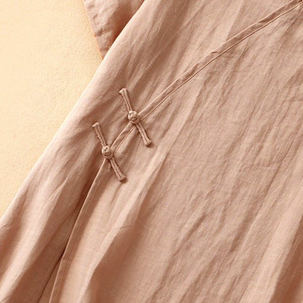 Buddha Stones Summer V-Neck Frog-Button Short Sleeve Cotton Linen Midi Dress - image 5