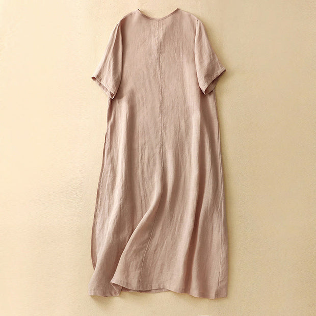 Buddha Stones Summer V-Neck Frog-Button Short Sleeve Cotton Linen Midi Dress - image 10
