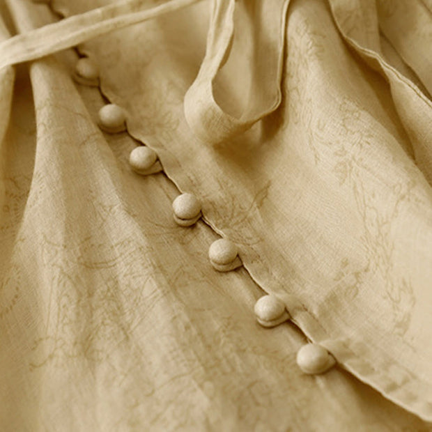 Buddha Stones Summer V-Neck Lace-up Short Sleeve Cotton Linen Midi Dress With Pockets - image 8