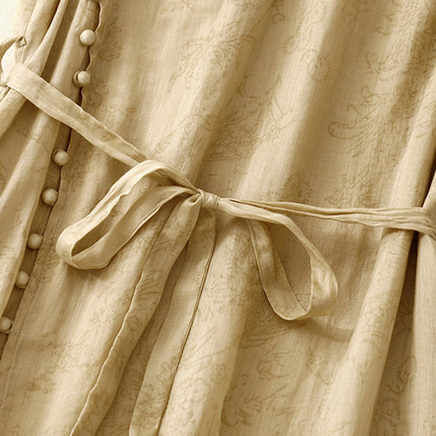 Buddha Stones Summer V-Neck Lace-up Short Sleeve Cotton Linen Midi Dress With Pockets - image 6