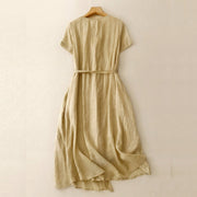 Buddha Stones Summer V-Neck Lace-up Short Sleeve Cotton Linen Midi Dress With Pockets - image 2