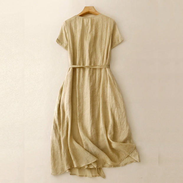 Buddha Stones Summer V-Neck Lace-up Short Sleeve Cotton Linen Midi Dress With Pockets - image 2
