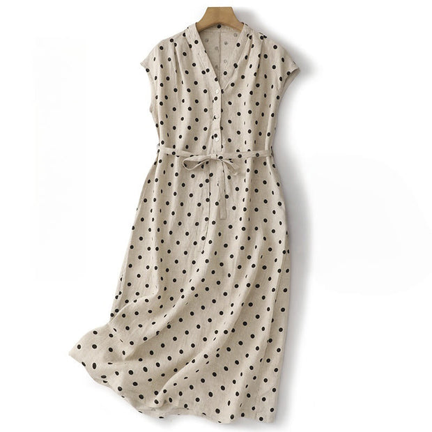 Buddha Stones Summer Polka Dot V-Neck Lace-up Cotton Linen Midi Dress With Pockets - White - US14，UK/AU18，EU46 (2XL) - image 9
