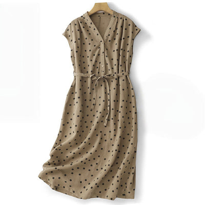 Buddha Stones Summer Polka Dot V-Neck Lace-up Cotton Linen Midi Dress With Pockets - Tan - US14，UK/AU18，EU46 (2XL) - image 1