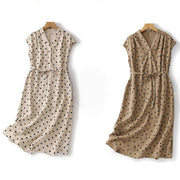 Buddha Stones Summer Polka Dot V-Neck Lace-up Cotton Linen Midi Dress With Pockets - image 21