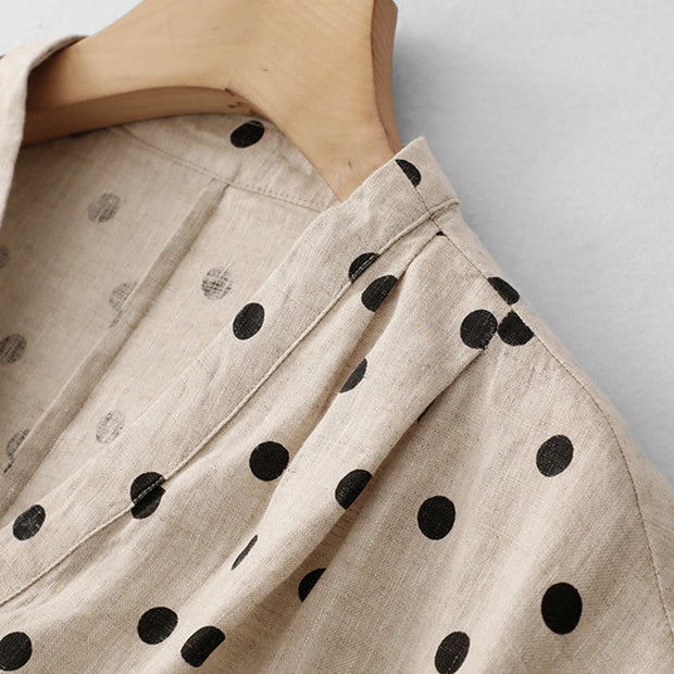 Buddha Stones Summer Polka Dot V-Neck Lace-up Cotton Linen Midi Dress With Pockets - image 15