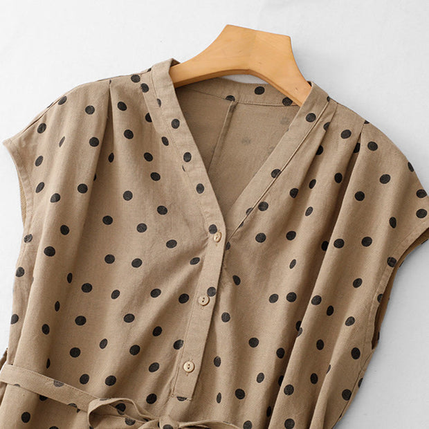 Buddha Stones Summer Polka Dot V-Neck Lace-up Cotton Linen Midi Dress With Pockets - image 2