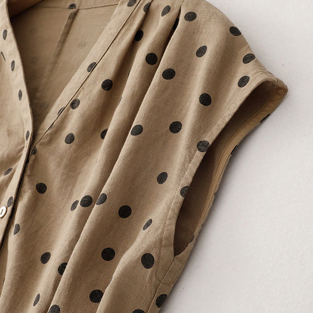 Buddha Stones Summer Polka Dot V-Neck Lace-up Cotton Linen Midi Dress With Pockets - image 4