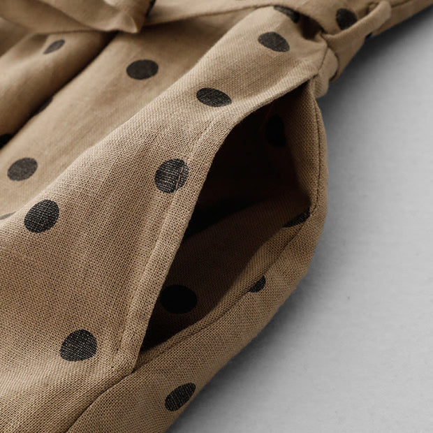 Buddha Stones Summer Polka Dot V-Neck Lace-up Cotton Linen Midi Dress With Pockets - image 5