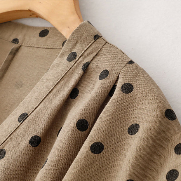 Buddha Stones Summer Polka Dot V-Neck Lace-up Cotton Linen Midi Dress With Pockets - image 3