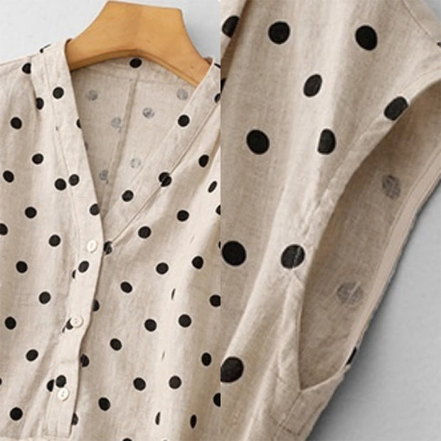 Buddha Stones Summer Polka Dot V-Neck Lace-up Cotton Linen Midi Dress With Pockets - image 18