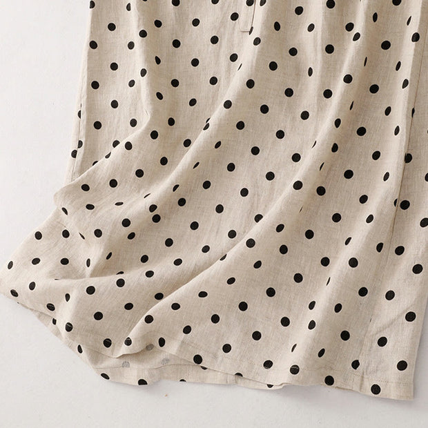 Buddha Stones Summer Polka Dot V-Neck Lace-up Cotton Linen Midi Dress With Pockets - image 17