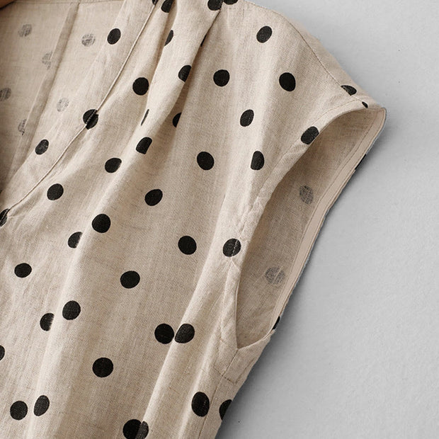 Buddha Stones Summer Polka Dot V-Neck Lace-up Cotton Linen Midi Dress With Pockets - image 14