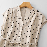 Buddha Stones Summer Polka Dot V-Neck Lace-up Cotton Linen Midi Dress With Pockets - image 11