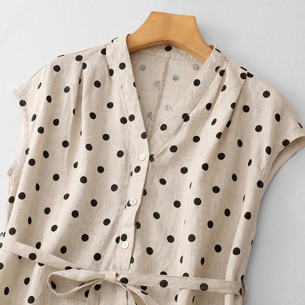 Buddha Stones Summer Polka Dot V-Neck Lace-up Cotton Linen Midi Dress With Pockets - image 11