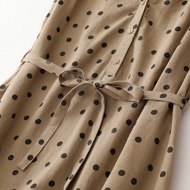 Buddha Stones Summer Polka Dot V-Neck Lace-up Cotton Linen Midi Dress With Pockets - image 6