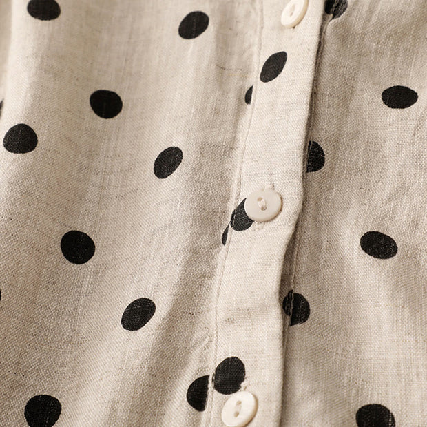Buddha Stones Summer Polka Dot V-Neck Lace-up Cotton Linen Midi Dress With Pockets - image 16
