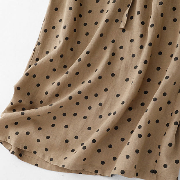 Buddha Stones Summer Polka Dot V-Neck Lace-up Cotton Linen Midi Dress With Pockets - image 7