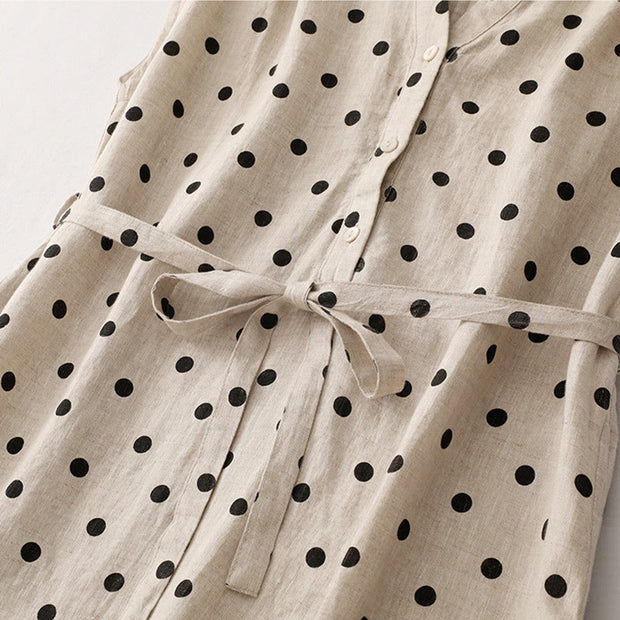 Buddha Stones Summer Polka Dot V-Neck Lace-up Cotton Linen Midi Dress With Pockets - image 12
