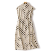 Buddha Stones Summer Polka Dot V-Neck Lace-up Cotton Linen Midi Dress With Pockets - image 10