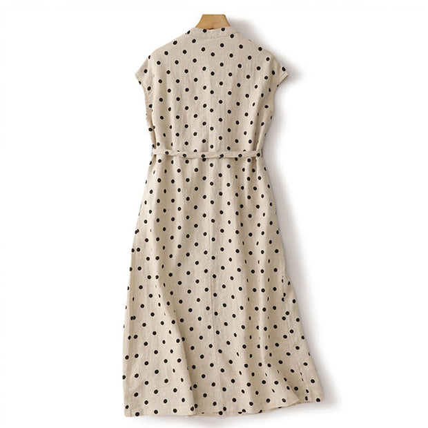 Buddha Stones Summer Polka Dot V-Neck Lace-up Cotton Linen Midi Dress With Pockets - image 10